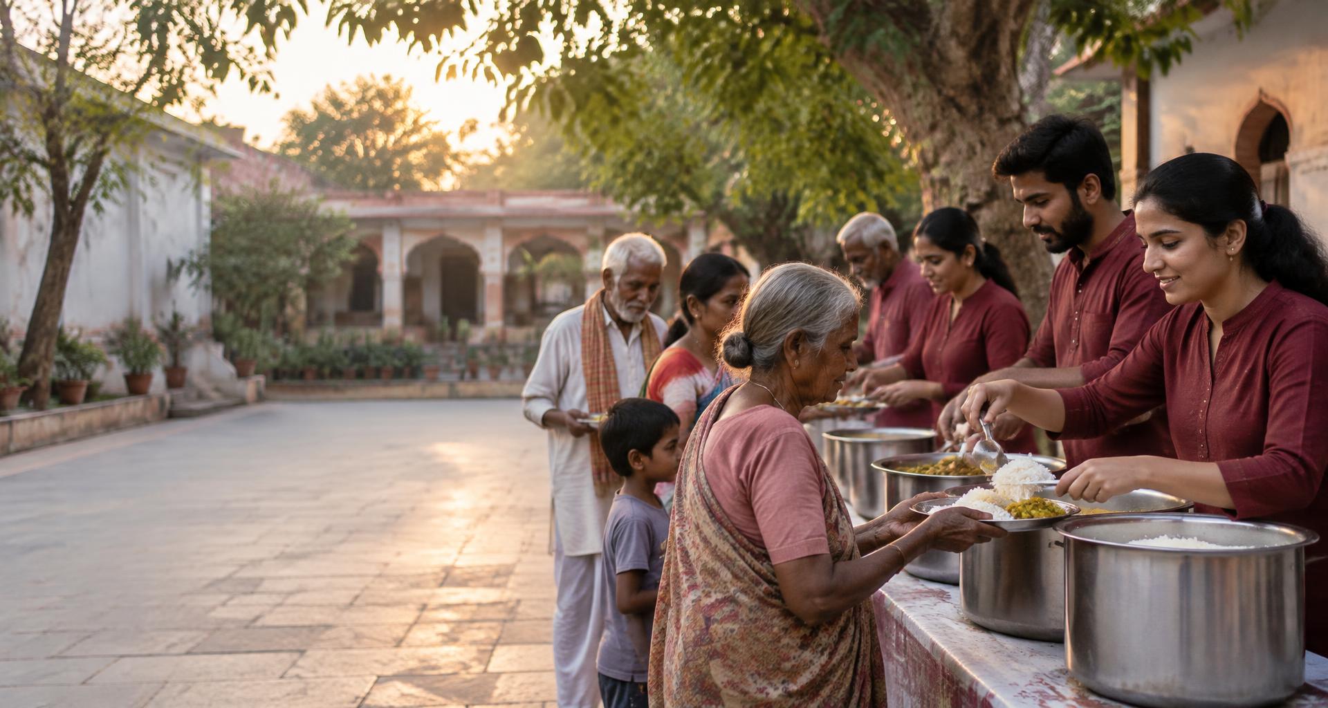 Illustrative scene of Indian volunteers serving a meal to families
